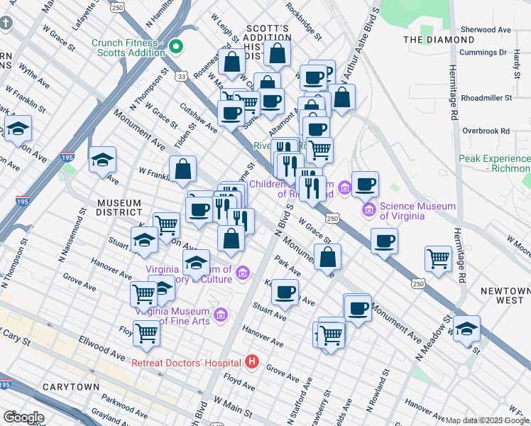 map of restaurants, bars, coffee shops, grocery stores, and more near 2816 Monument Avenue in Richmond