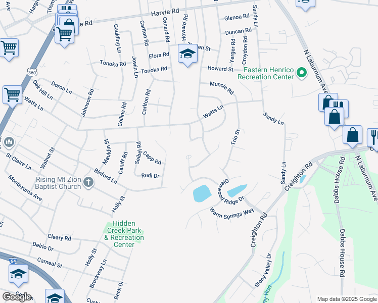 map of restaurants, bars, coffee shops, grocery stores, and more near 1341 Arbor Ridge Lane in Richmond