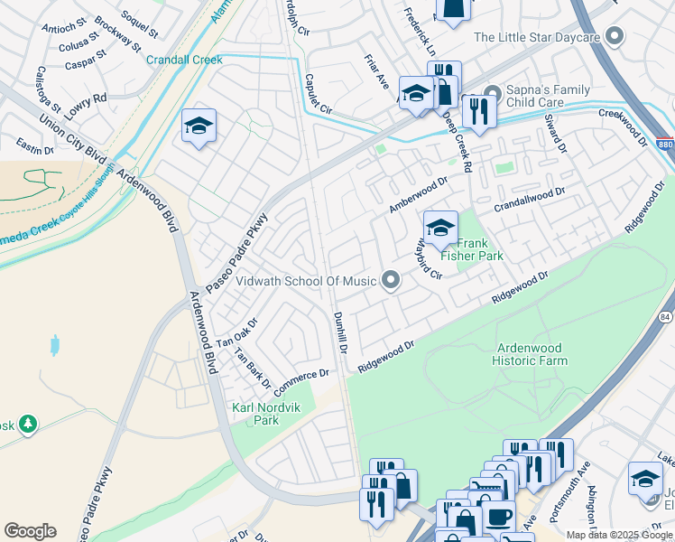 map of restaurants, bars, coffee shops, grocery stores, and more near 5440 Twilight Common in Fremont