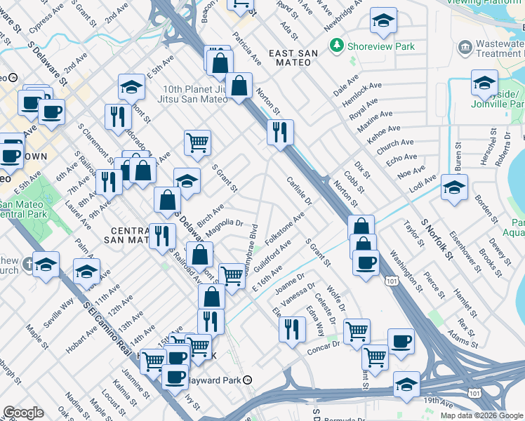 map of restaurants, bars, coffee shops, grocery stores, and more near 926 Sunnybrae Boulevard in San Mateo