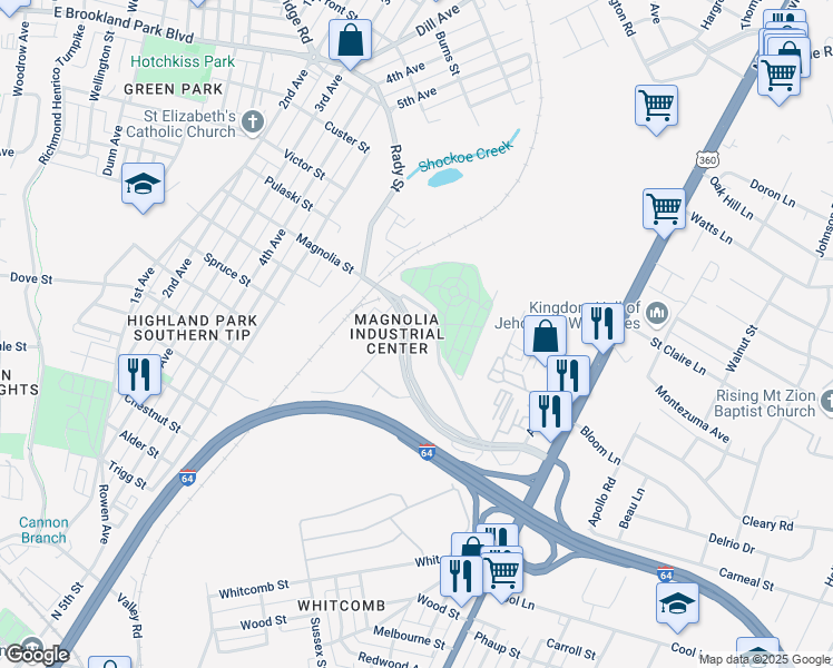 map of restaurants, bars, coffee shops, grocery stores, and more near 1901-2311 Magnolia Road in Richmond
