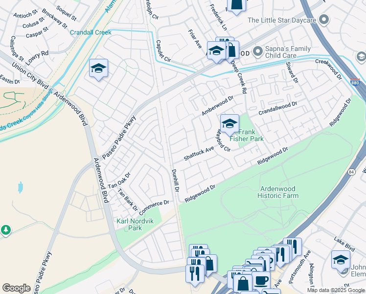 map of restaurants, bars, coffee shops, grocery stores, and more near 5433 Sunstar Common in Fremont
