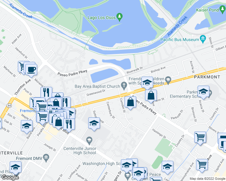 map of restaurants, bars, coffee shops, grocery stores, and more near 3020 Greenwood Drive in Fremont