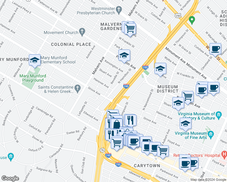 map of restaurants, bars, coffee shops, grocery stores, and more near 401 North Hamilton Street in Richmond