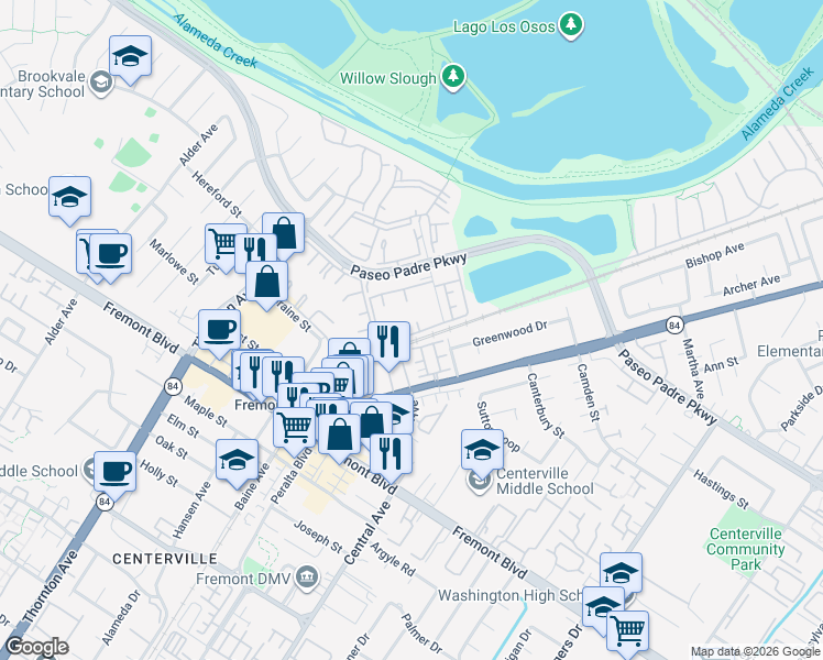 map of restaurants, bars, coffee shops, grocery stores, and more near 37391 Sequoia Road in Fremont