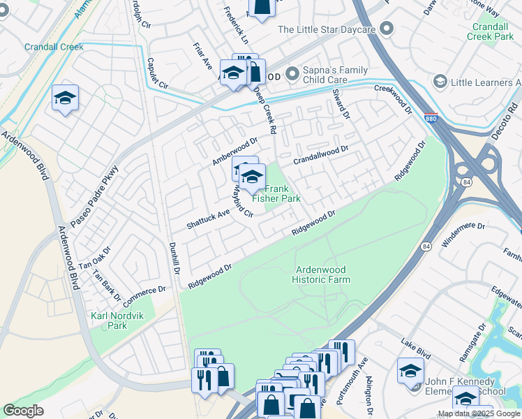 map of restaurants, bars, coffee shops, grocery stores, and more near 34002 Maybird Circle in Fremont