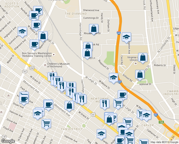 map of restaurants, bars, coffee shops, grocery stores, and more near 1215 Hermitage Road in Richmond