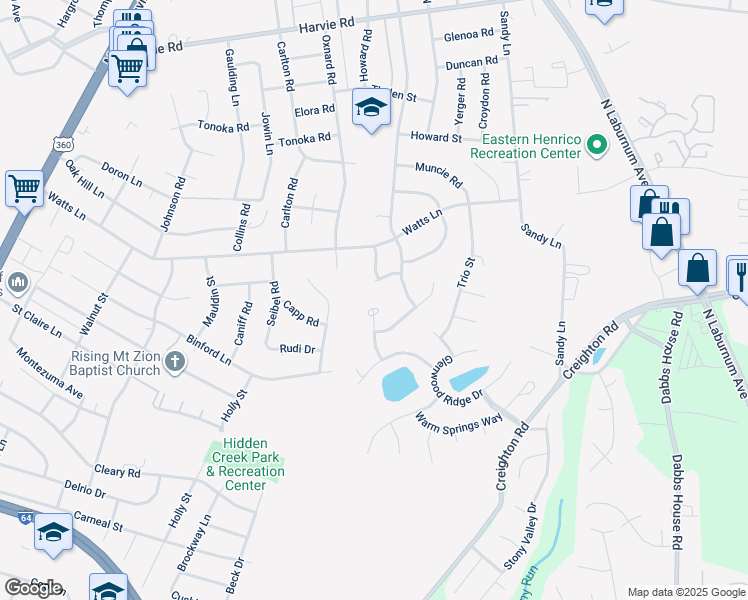 map of restaurants, bars, coffee shops, grocery stores, and more near 1341 Arbor Ridge Lane in Richmond
