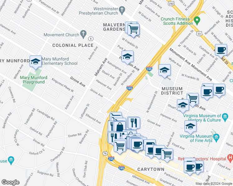 map of restaurants, bars, coffee shops, grocery stores, and more near 403 North Hamilton Street in Richmond