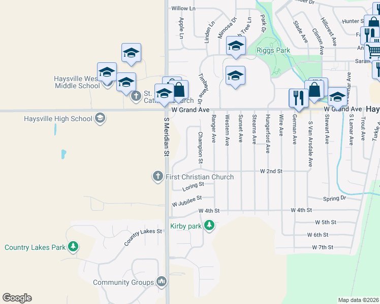 map of restaurants, bars, coffee shops, grocery stores, and more near 214 Peachwood Drive in Haysville