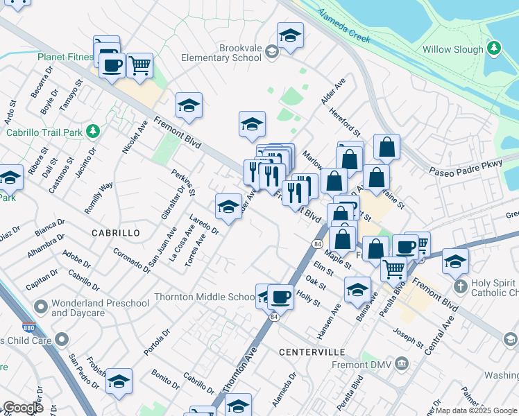 map of restaurants, bars, coffee shops, grocery stores, and more near 36558 Oak Street in Fremont