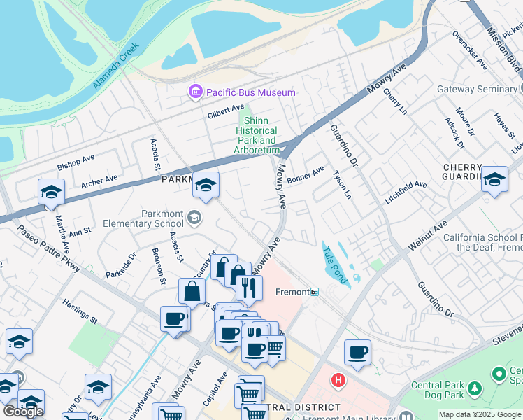 map of restaurants, bars, coffee shops, grocery stores, and more near 38401 Mary Terrace in Fremont