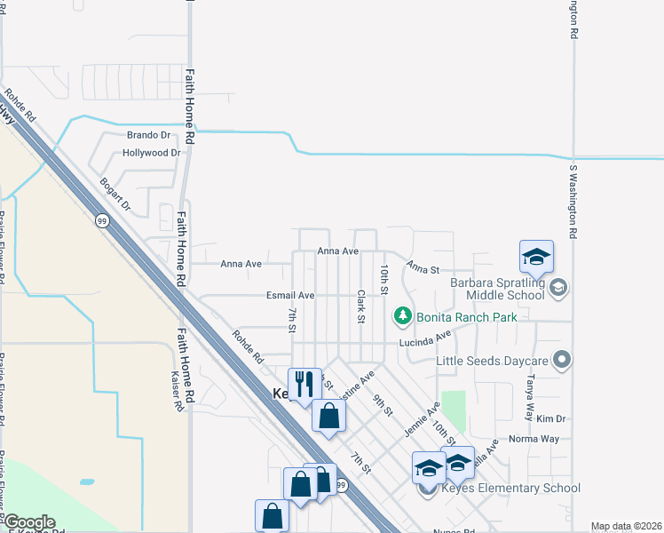 map of restaurants, bars, coffee shops, grocery stores, and more near 5213 9th Street in Keyes