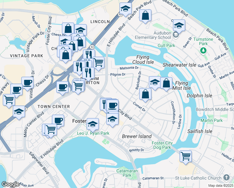 map of restaurants, bars, coffee shops, grocery stores, and more near 8216 Admiralty Lane in Foster City