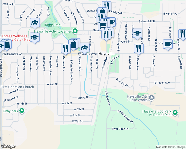 map of restaurants, bars, coffee shops, grocery stores, and more near 242 South Lamar Avenue in Haysville