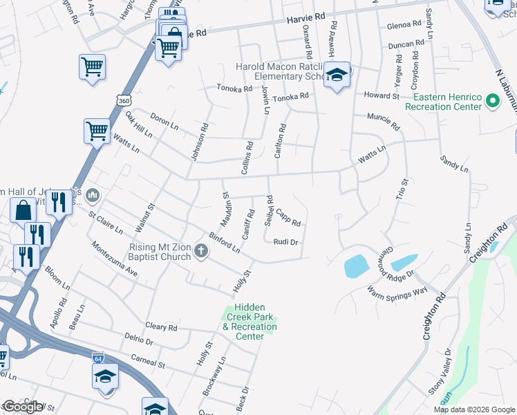 map of restaurants, bars, coffee shops, grocery stores, and more near 2822 Seibel Road in Richmond
