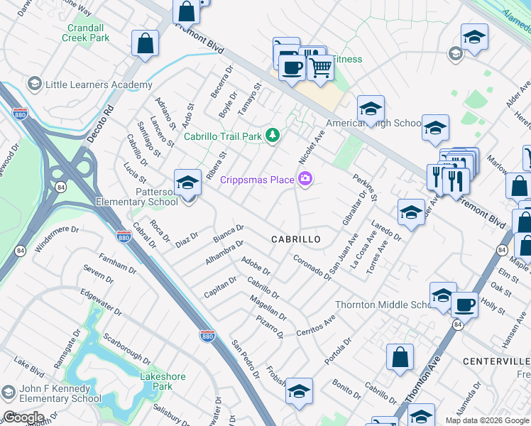 map of restaurants, bars, coffee shops, grocery stores, and more near 4423 Romilly Way in Fremont