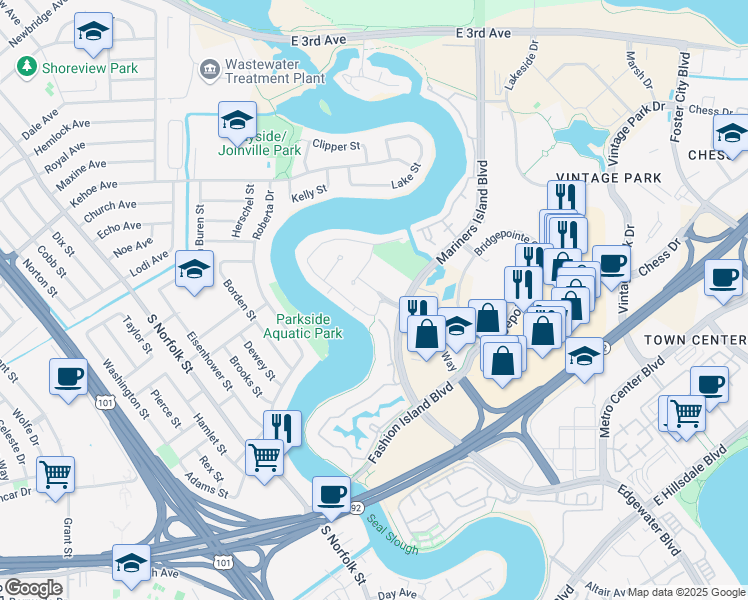 map of restaurants, bars, coffee shops, grocery stores, and more near 912 Shoal Drive in San Mateo