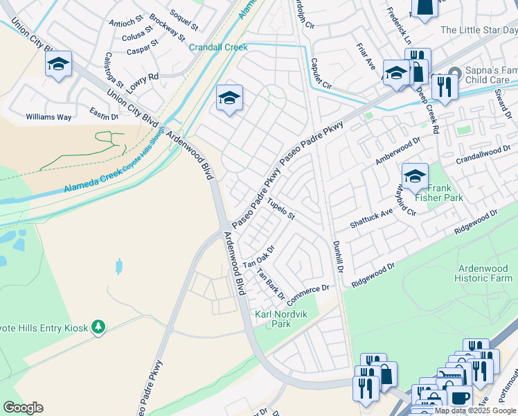 map of restaurants, bars, coffee shops, grocery stores, and more near in Fremont