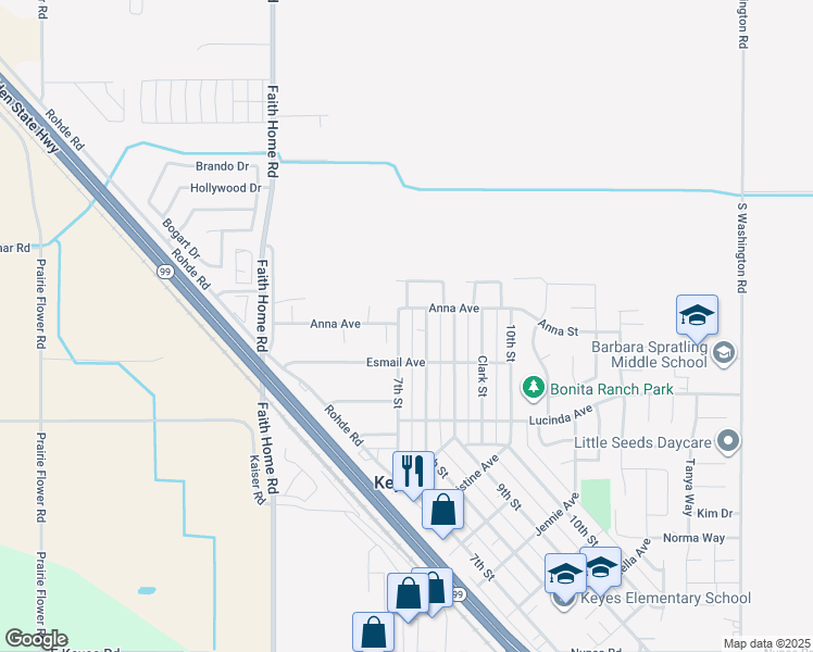 map of restaurants, bars, coffee shops, grocery stores, and more near 5212 7th Street in Keyes