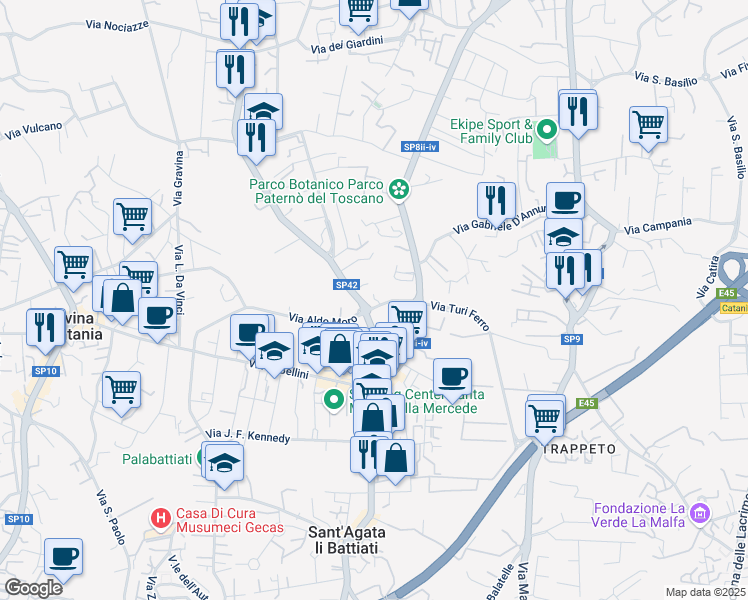 map of restaurants, bars, coffee shops, grocery stores, and more near 20 Via Giuseppe Garibaldi in Sant'Agata li Battiati