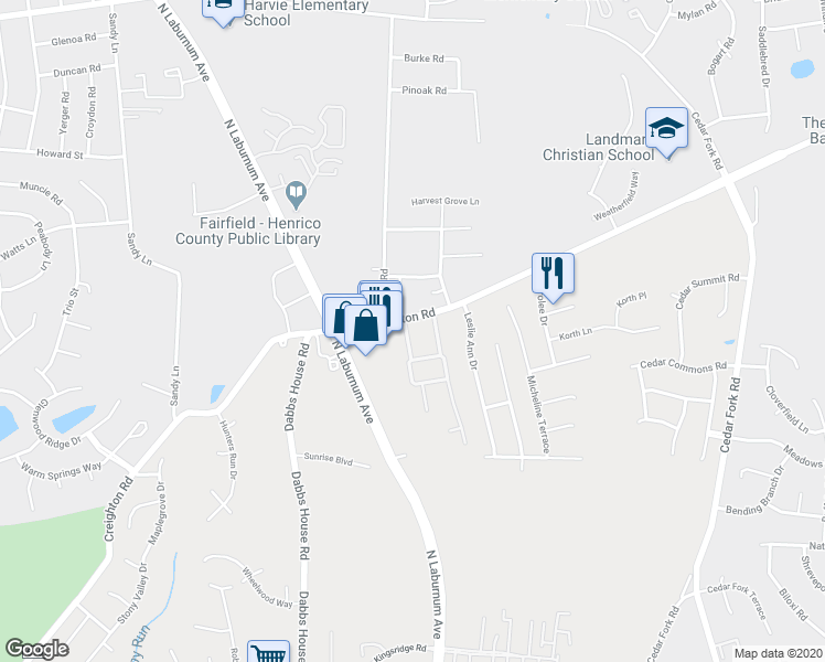 map of restaurants, bars, coffee shops, grocery stores, and more near 4125 Dominion Townes Circle in Richmond
