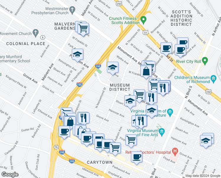 map of restaurants, bars, coffee shops, grocery stores, and more near 3419 Kensington Avenue in Richmond