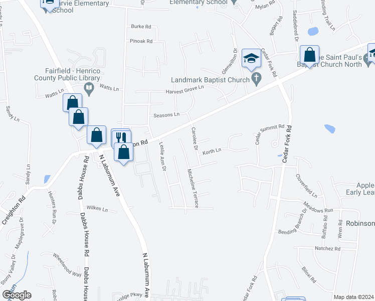 map of restaurants, bars, coffee shops, grocery stores, and more near 1125 Micheline Terrace in Richmond