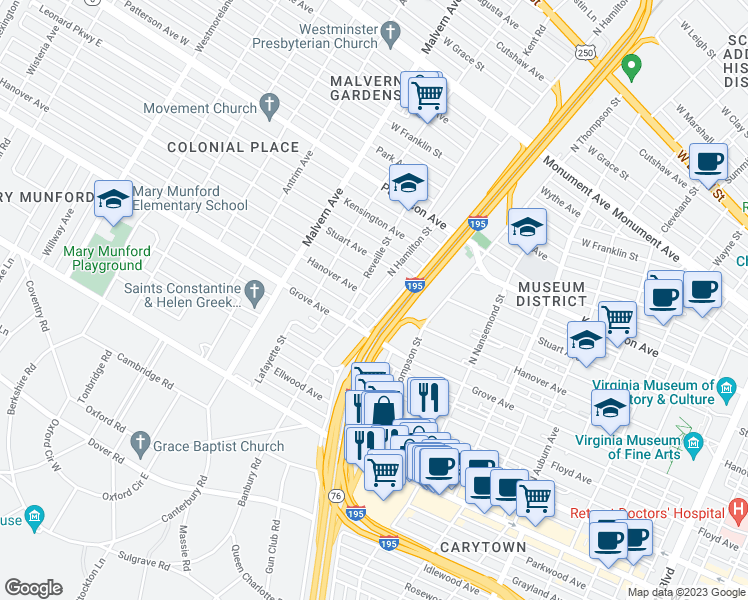 map of restaurants, bars, coffee shops, grocery stores, and more near 407 North Hamilton Street in Richmond