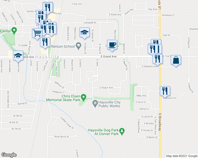 map of restaurants, bars, coffee shops, grocery stores, and more near 712 East Greenwood Court in Haysville