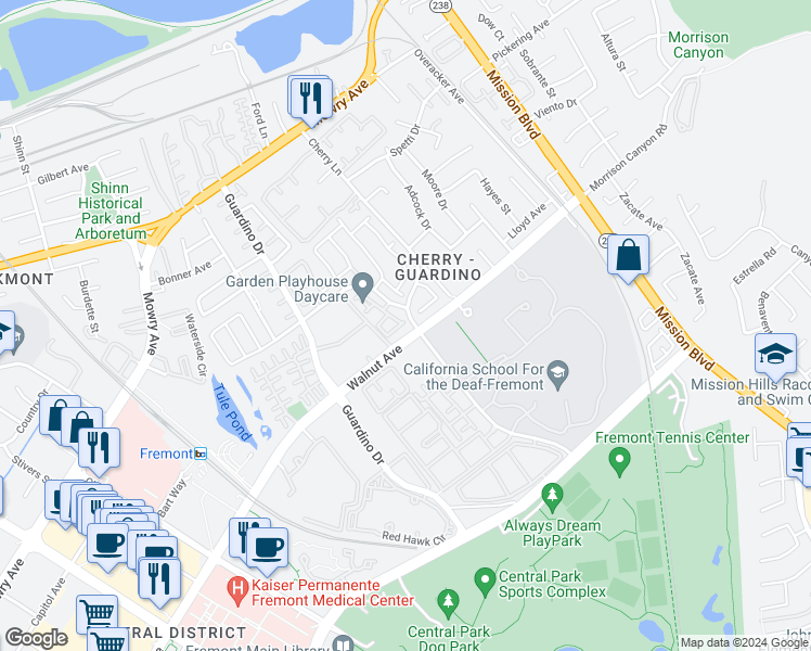 map of restaurants, bars, coffee shops, grocery stores, and more near 930 Cherry Glen Circle in Fremont