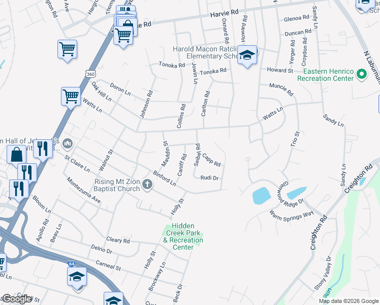 map of restaurants, bars, coffee shops, grocery stores, and more near 2822 Seibel Road in Richmond