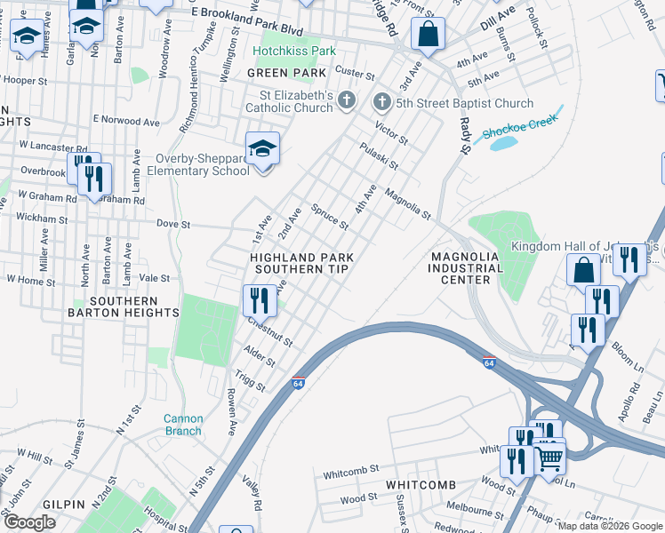 map of restaurants, bars, coffee shops, grocery stores, and more near 2208 5th Avenue in Richmond