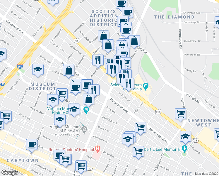 map of restaurants, bars, coffee shops, grocery stores, and more near 803 North Arthur Ashe Boulevard in Richmond