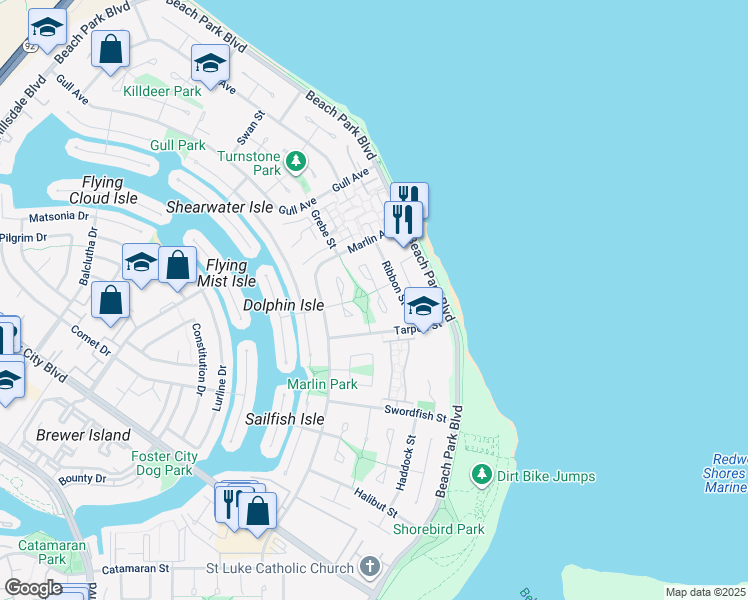 map of restaurants, bars, coffee shops, grocery stores, and more near 331 Bluefish Court in Foster City