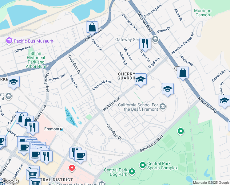 map of restaurants, bars, coffee shops, grocery stores, and more near 874 Cherry Glen Circle in Fremont