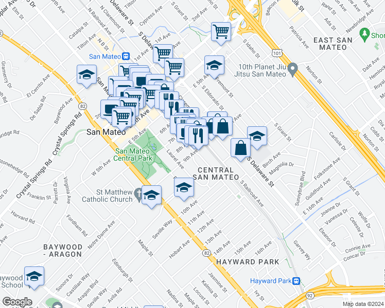 map of restaurants, bars, coffee shops, grocery stores, and more near 9th Ave & Rosewood Dr in San Mateo