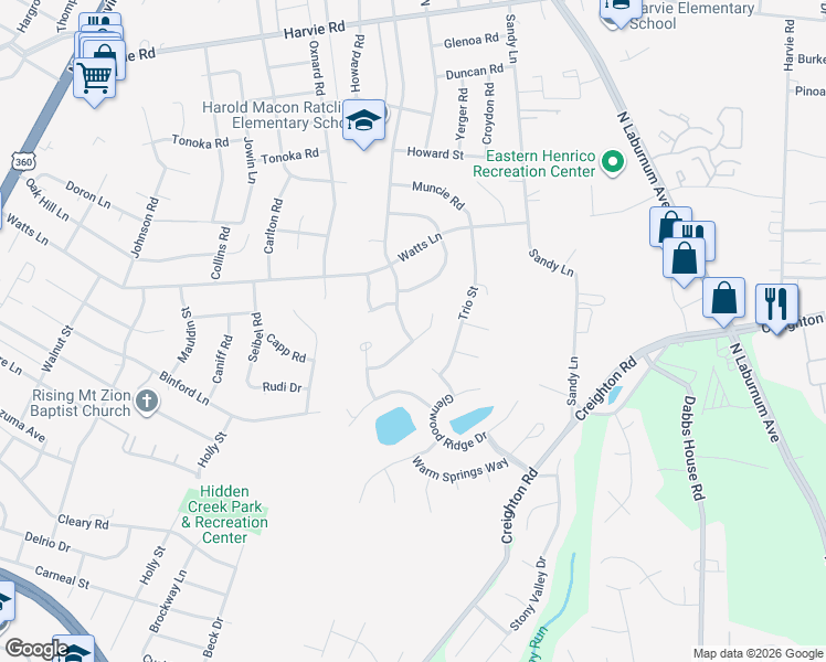 map of restaurants, bars, coffee shops, grocery stores, and more near 2517 Grand Glen Road in Richmond
