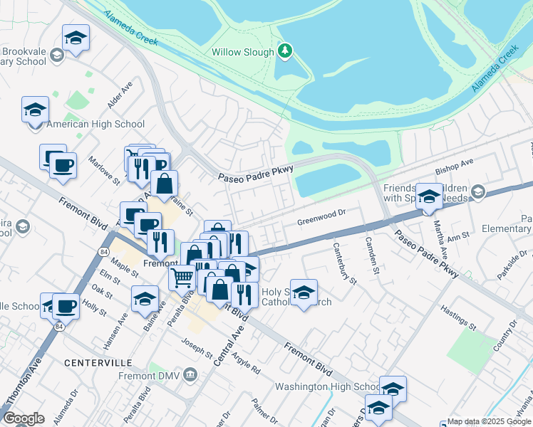map of restaurants, bars, coffee shops, grocery stores, and more near 37391 Sequoia Road in Fremont