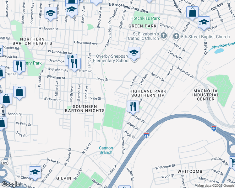 map of restaurants, bars, coffee shops, grocery stores, and more near 1109 Althea Street in Richmond