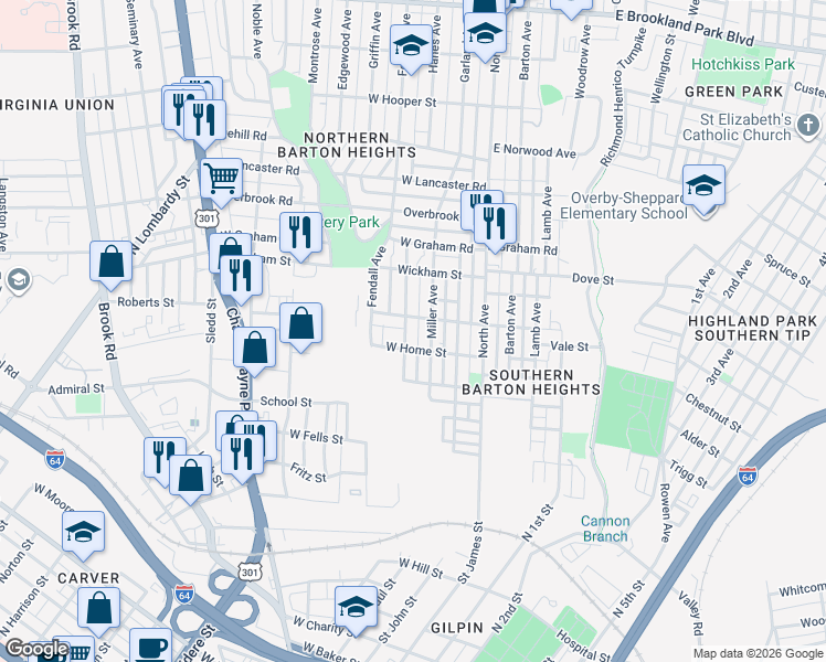 map of restaurants, bars, coffee shops, grocery stores, and more near 2013 Greenwood Ave in Richmond
