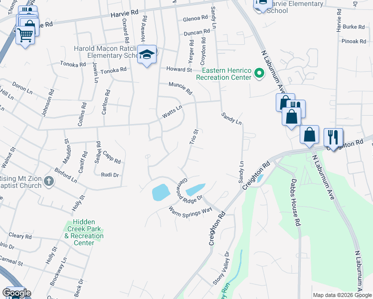 map of restaurants, bars, coffee shops, grocery stores, and more near 2924 Trio Street in Richmond