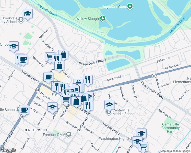 map of restaurants, bars, coffee shops, grocery stores, and more near 3449 Foxtail Terrace in Fremont