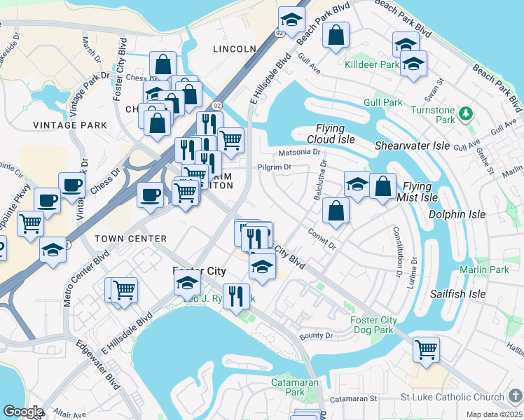 map of restaurants, bars, coffee shops, grocery stores, and more near 1102 Admiralty Lane in Foster City