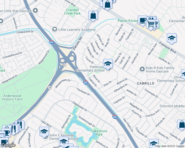 map of restaurants, bars, coffee shops, grocery stores, and more near 35398 Roca Drive in Fremont
