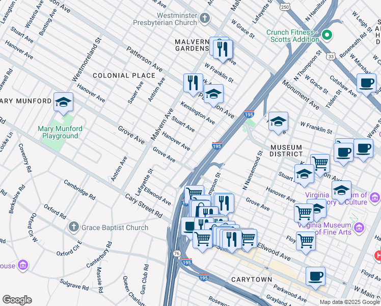 map of restaurants, bars, coffee shops, grocery stores, and more near 3801 Hanover Avenue in Richmond