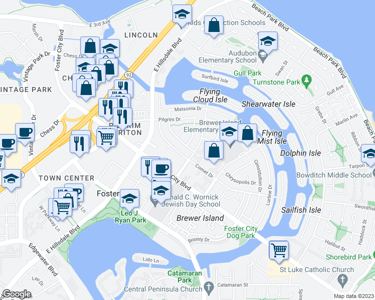 map of restaurants, bars, coffee shops, grocery stores, and more near 678 Harvester Drive in Foster City