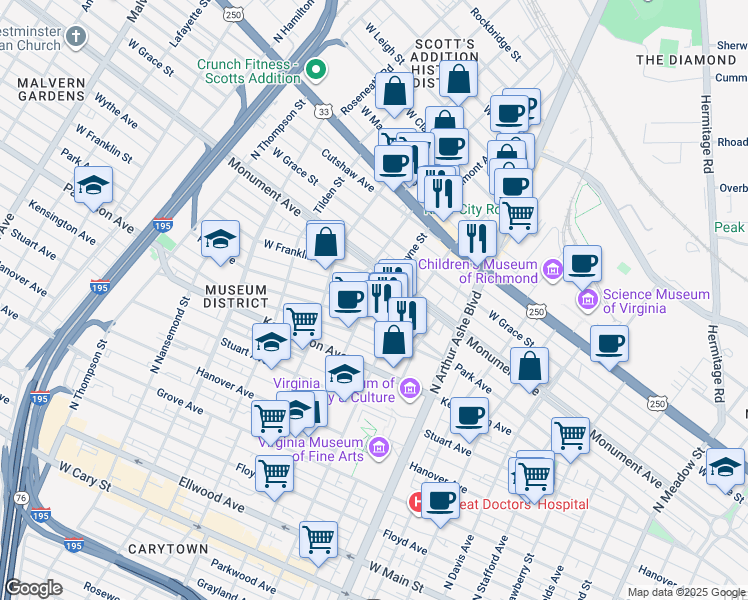 map of restaurants, bars, coffee shops, grocery stores, and more near 3024 Park Avenue in Richmond