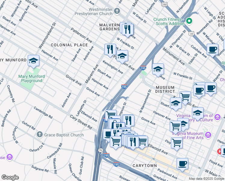 map of restaurants, bars, coffee shops, grocery stores, and more near 401 North Hamilton Street in Richmond