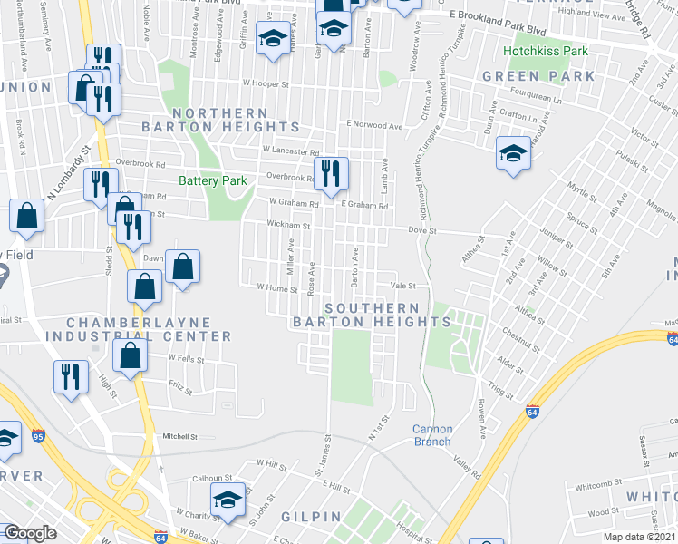 map of restaurants, bars, coffee shops, grocery stores, and more near 2021 North Avenue in Richmond
